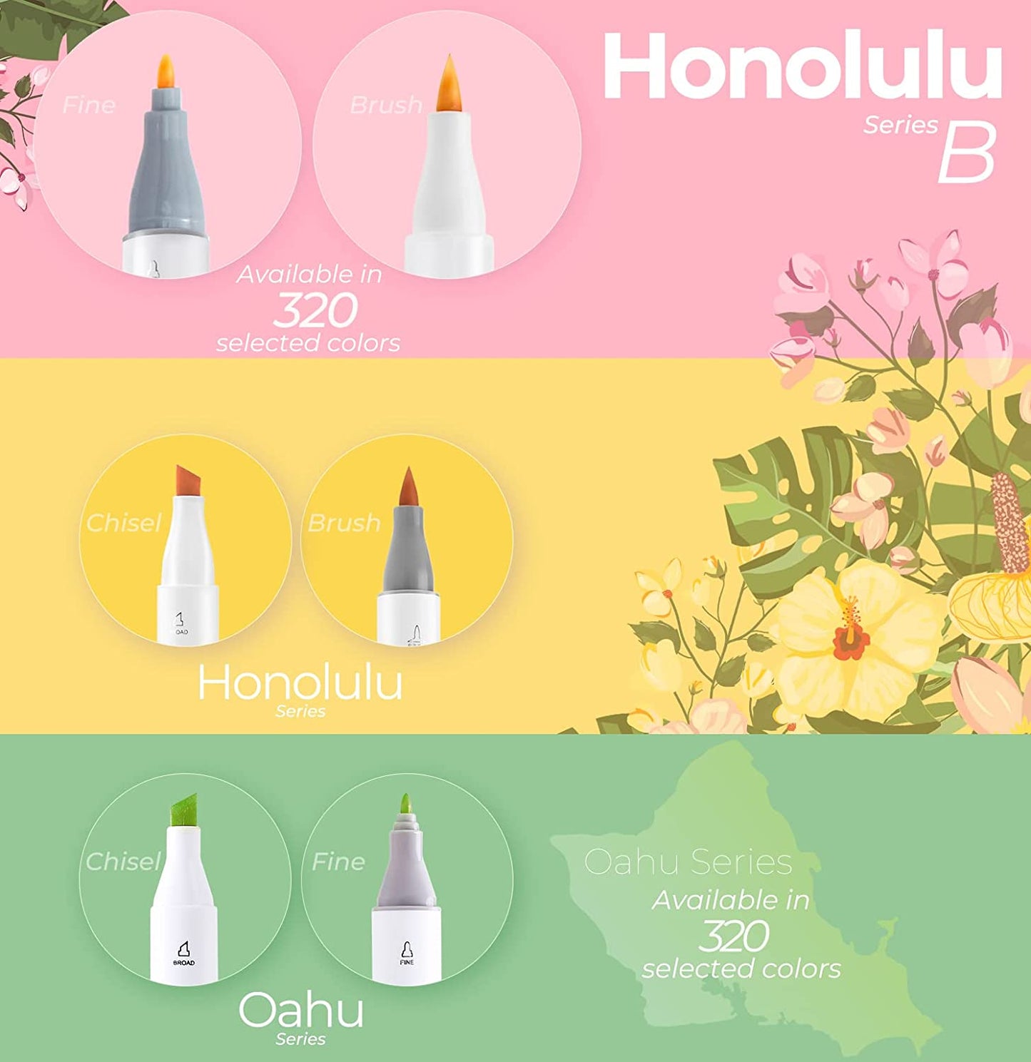 Kit de marcadores Honolulu B com 320 cores (ponta pincel & fina)
