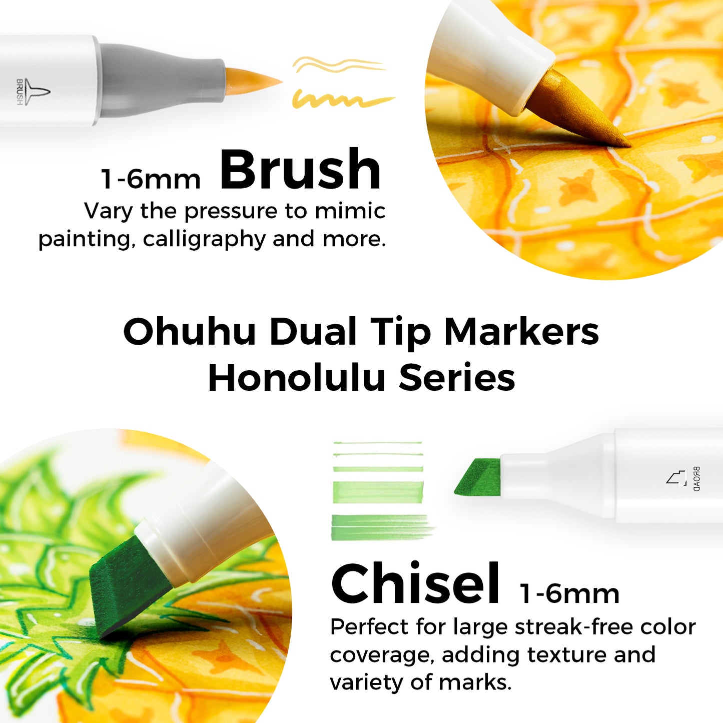 Kit de 6 cores básicas da linha Ohuhu Honolulu (Ponta pincel & chanfrada)