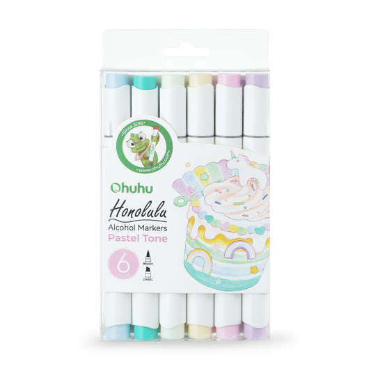 Kit de 6 cores em tons pastel da linha Ohuhu Honolulu (ponta pincel & chanfrada)