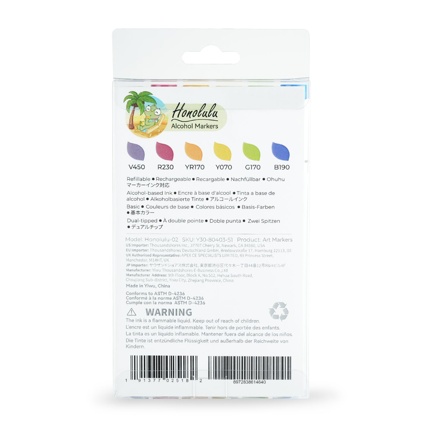 Kit de 6 cores básicas da linha Ohuhu Honolulu (Ponta pincel & chanfrada)