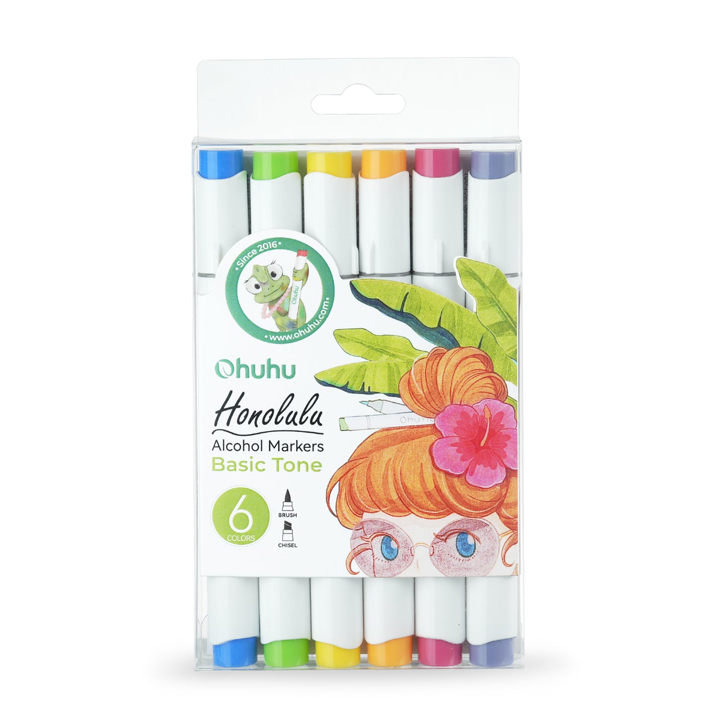 Kit de 6 cores básicas da linha Ohuhu Honolulu (Ponta pincel & chanfrada)