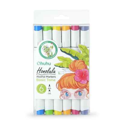 Kit de 6 cores básicas da linha Ohuhu Honolulu (Ponta pincel & chanfrada)