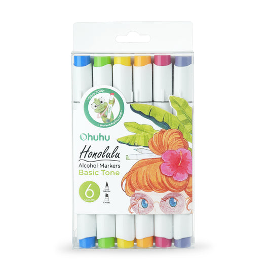 Kit de 6 cores básicas da linha Ohuhu Honolulu (Ponta pincel & chanfrada)